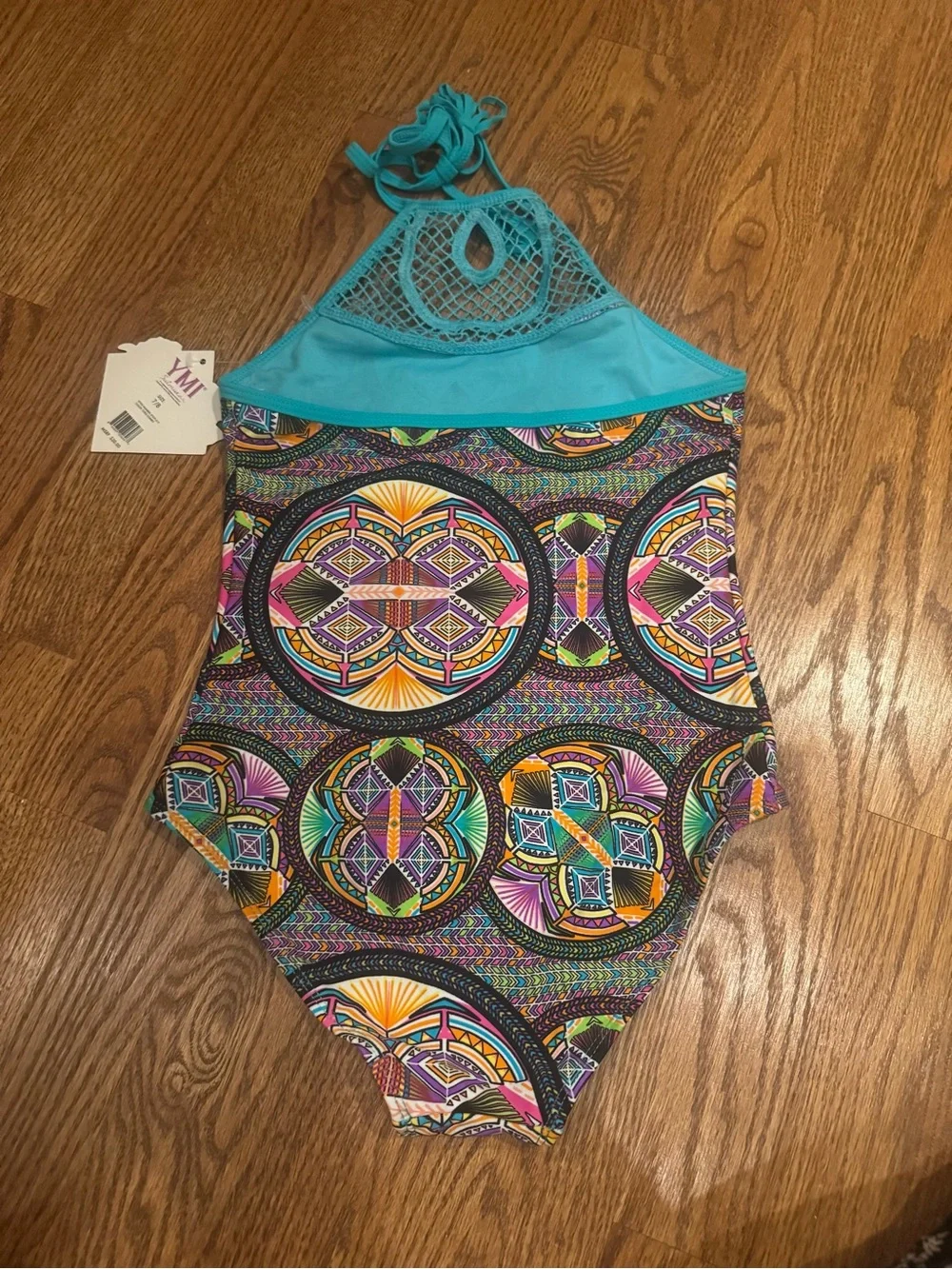 YMI Turquoise Multi-Color Mosaic Halter One-Piece Swimsuit